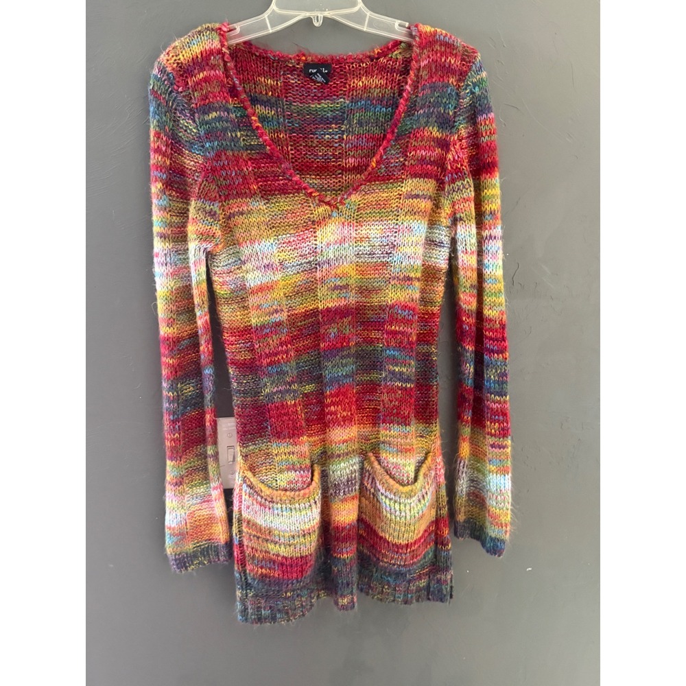 Rue21 Vintage Y2k XL Rainbow Space Dye Knit V-Neck Tunic Sweater Pockets